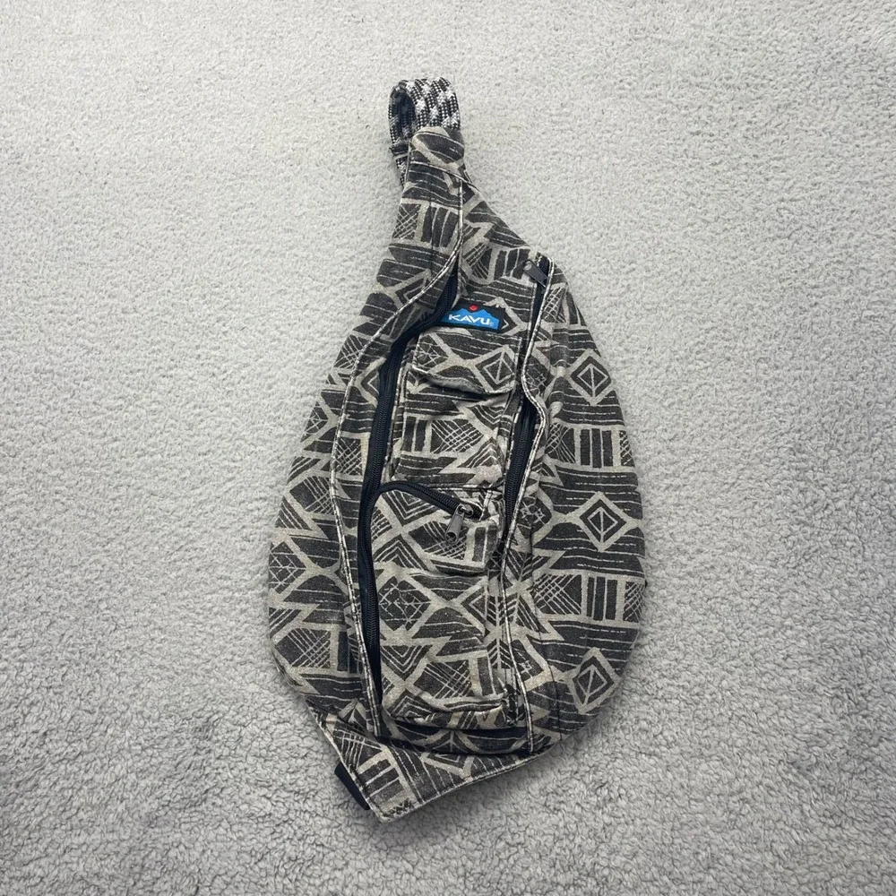 Kavu Rope Bag Gray Black Geometric Tribal Canvas Sling Backpack Unisex Crossbody